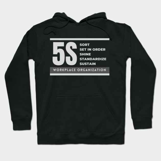 Black hoodie with "5S Workplace Organization" text design, emphasizing efficiency. Perfect for casual wear or work environments.