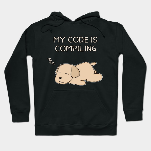 Black hoodie with "My Code is Compiling" text and cute sleeping dog graphic, casual wear, cotton blend material.