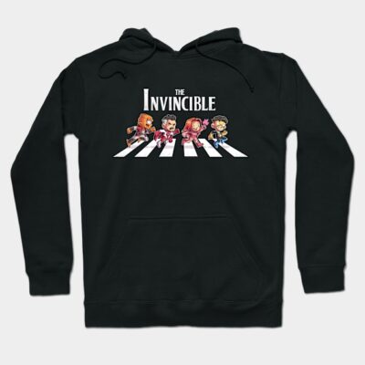 Black hoodie with "The Invincible" cartoon graphic, featuring colorful characters. Ideal for casual wear and comfort.