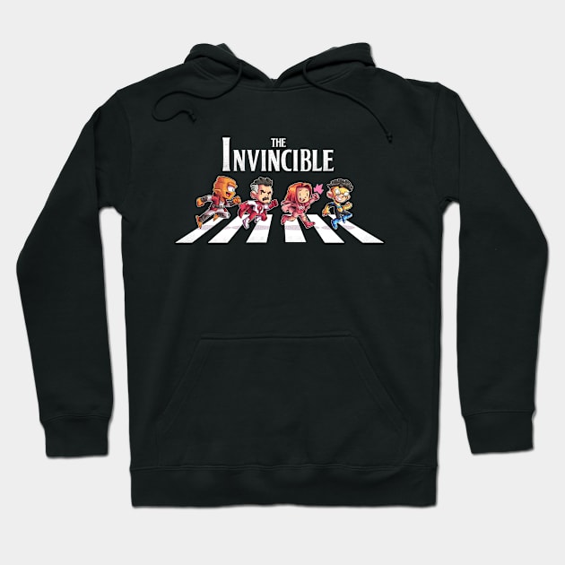 Black hoodie with "The Invincible" cartoon graphic, featuring colorful characters. Ideal for casual wear and comfort.