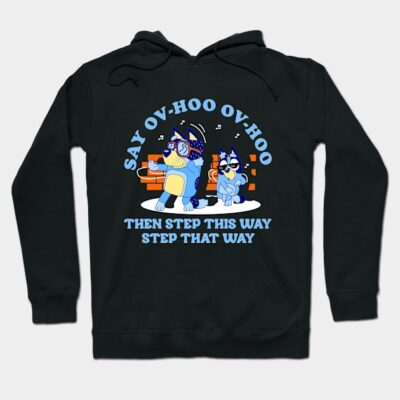 Black hoodie with playful blue cartoon dogs printed on front, featuring the phrase "Say Ov-Hoo Ov-Hoo" in bold text.