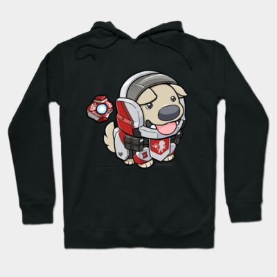 Black hoodie with cute cartoon dog in futuristic armor design, perfect for casual wear or gifting.