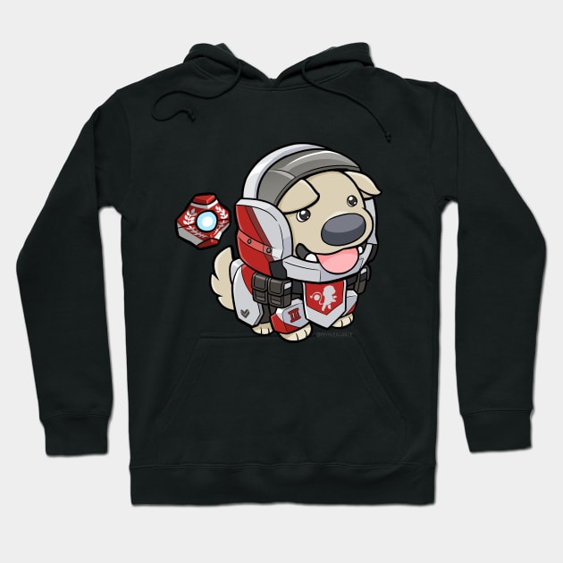 Black hoodie with cute cartoon dog in futuristic armor design, perfect for casual wear or gifting.