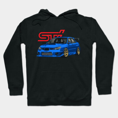 Black hoodie with blue sports car graphic, red logo, cotton material, casual streetwear style.