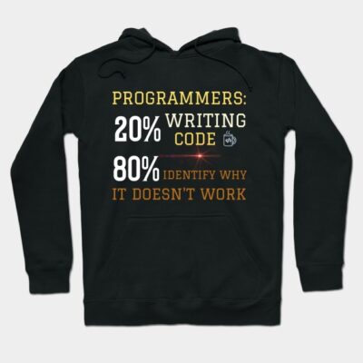 Black hoodie with humorous programmer text, front pocket, and drawstring hood. Perfect for casual wear and tech enthusiasts.