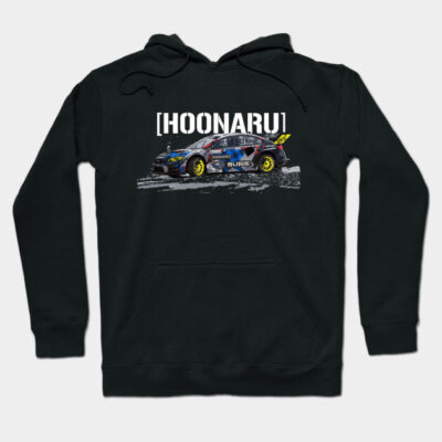 Black hoodie with racing car graphic and "Hoonaru" text, ideal for casual wear; cotton blend material.