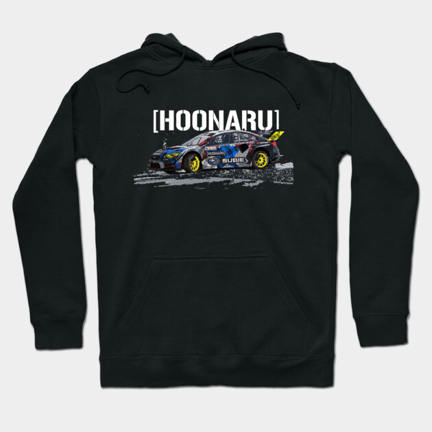 Black hoodie with racing car graphic and "Hoonaru" text, ideal for casual wear; cotton blend material.