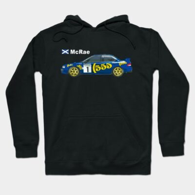 Black hoodie with blue racing car graphic, yellow accents, and logo. Casual style, perfect for motorsport enthusiasts.