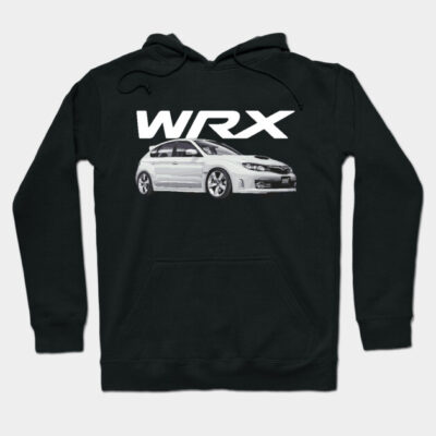 Black hoodie with WRX car graphic, featuring a sporty design. Ideal for casual wear, made from soft, durable fabric.
