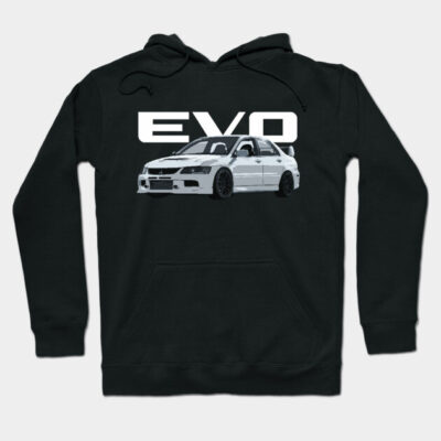 Black hoodie with white EVO car graphic, casual style, cotton blend, perfect for car enthusiasts and everyday wear.