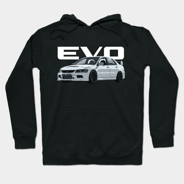 Black hoodie with white EVO car graphic, casual style, cotton blend, perfect for car enthusiasts and everyday wear.