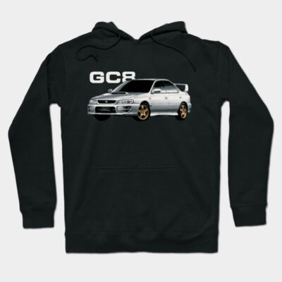 Black hoodie featuring a GC8 car graphic, sporty design, perfect for car enthusiasts, cotton blend material.
