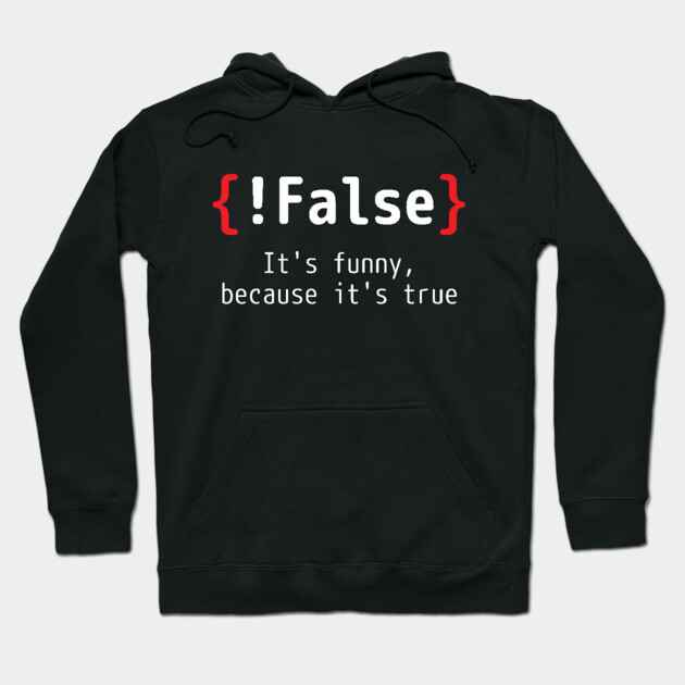 Black hoodie with "!False" and "It's funny because it's true" text, casual style, cotton blend, humorous design.