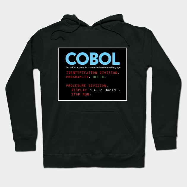 Black hoodie with "COBOL" graphic print, featuring programming text. Casual style, ideal for tech enthusiasts. Cotton material.