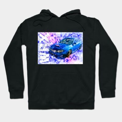 Black hoodie with a blue car graphic and WRX text, casual style, soft cotton, ideal for car enthusiasts.