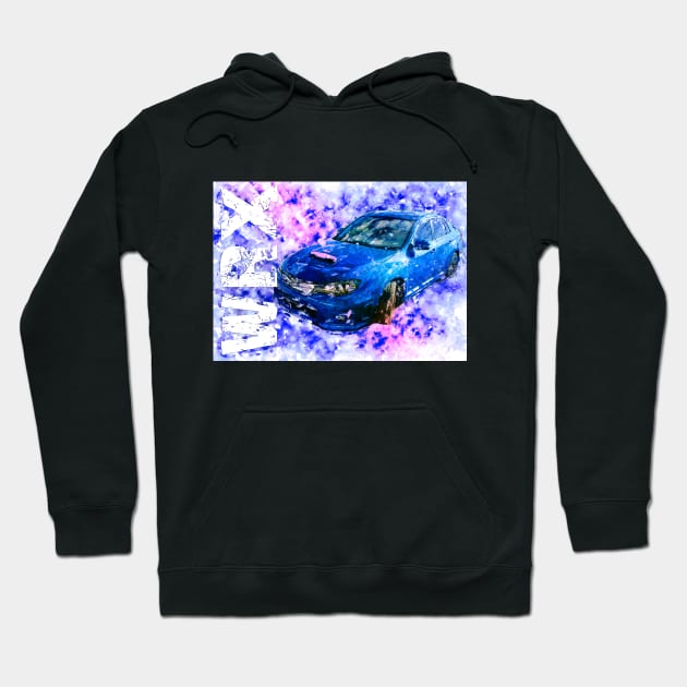 Black hoodie with a blue car graphic and WRX text, casual style, soft cotton, ideal for car enthusiasts.