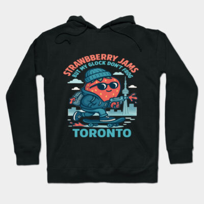 Black hoodie with playful strawberry design, Toronto skyline, text "Strawberry Jams", casual style, cotton blend.