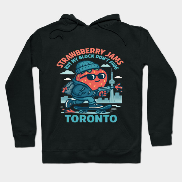 Black hoodie with playful strawberry design, Toronto skyline, text "Strawberry Jams", casual style, cotton blend.