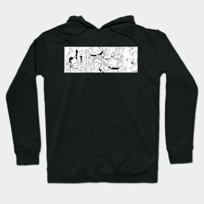 Black hoodie with abstract line drawing, featuring a front pocket, made from soft cotton, ideal for casual wear.