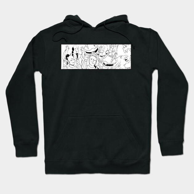 Black hoodie with abstract line drawing, featuring a front pocket, made from soft cotton, ideal for casual wear.