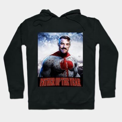 Black hoodie with "Father of the Year" graphic, superhero theme, cotton blend, casual wear.