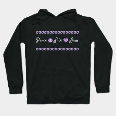 Black hoodie with "Peace Love Lean" text and purple accents, casual style, cotton material, ideal for everyday wear.
