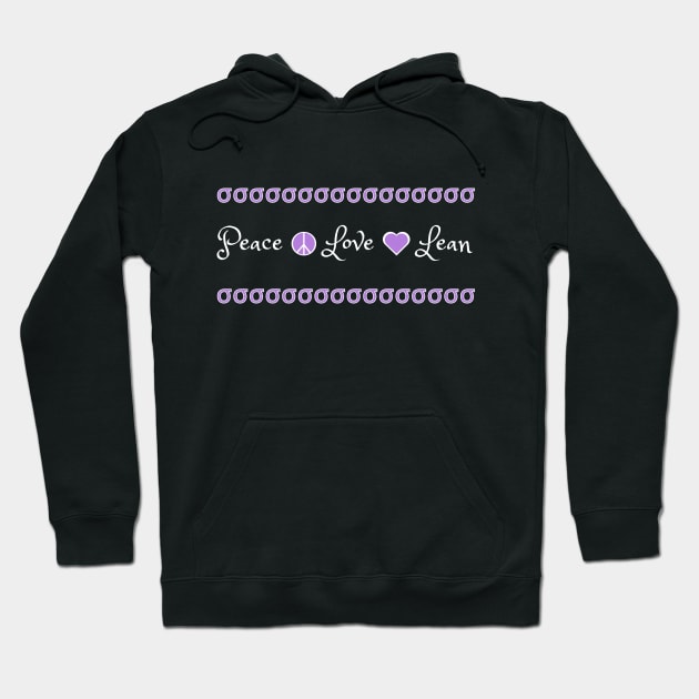 Black hoodie with "Peace Love Lean" text and purple accents, casual style, cotton material, ideal for everyday wear.