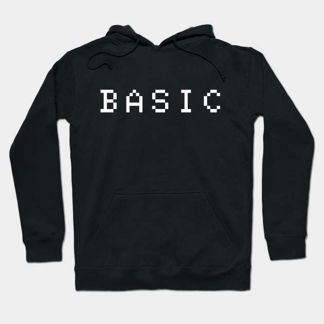 Black hoodie with "BASIC" text in white pixels, casual style, cozy cotton blend, perfect for everyday wear.