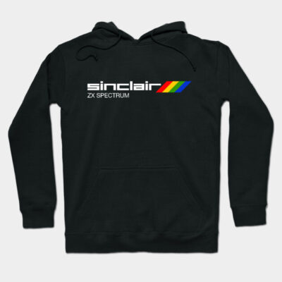 Black hoodie featuring Sinclair ZX Spectrum logo, colorful stripes, casual style, comfortable cotton blend material.