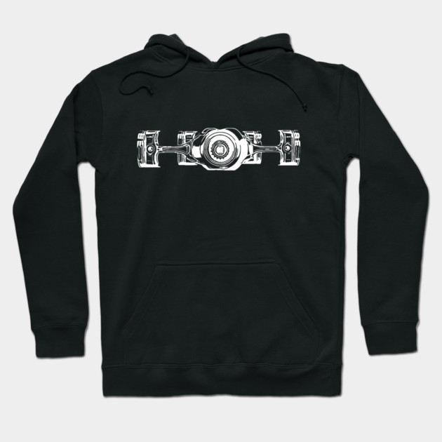 Black hoodie with white mechanical illustration, casual style, cotton blend, ideal for everyday wear and comfort.