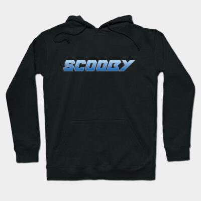 Black hoodie with "Scooby" text in blue, featuring a cozy fit and kangaroo pocket, ideal for casual wear.