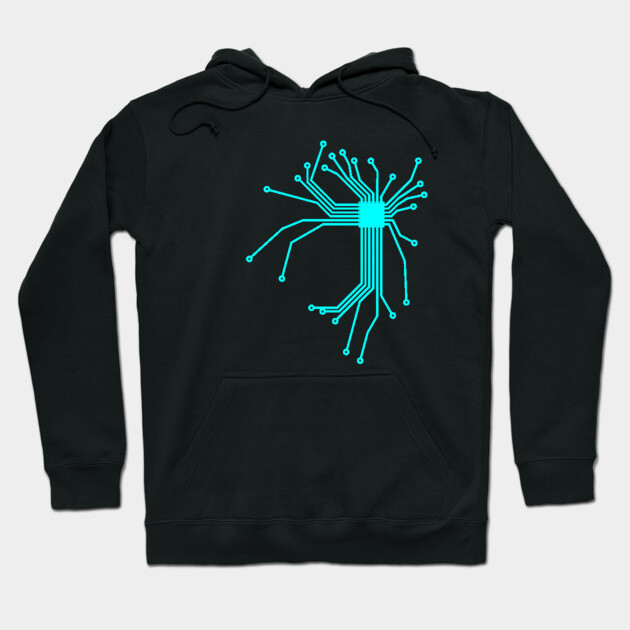Black hoodie with blue circuit design, tech-inspired fashion, unisex style, comfortable cotton blend, casual wear.