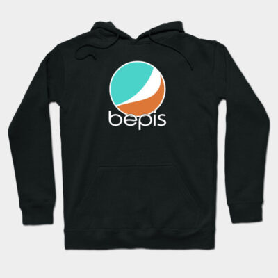 Black hoodie with colorful retro logo design, featuring "bepis" text. Ideal for casual wear, cotton blend material.