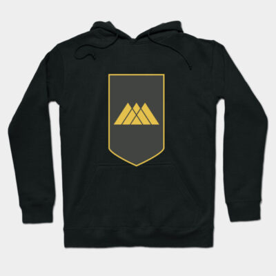 Black hoodie with geometric yellow emblem, featuring drawstrings and front pocket. Ideal for casual wear. Cotton blend.