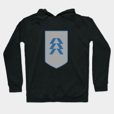 Black hoodie with gray and blue geometric design, featuring front pocket and adjustable drawstrings. Perfect for casual wear.