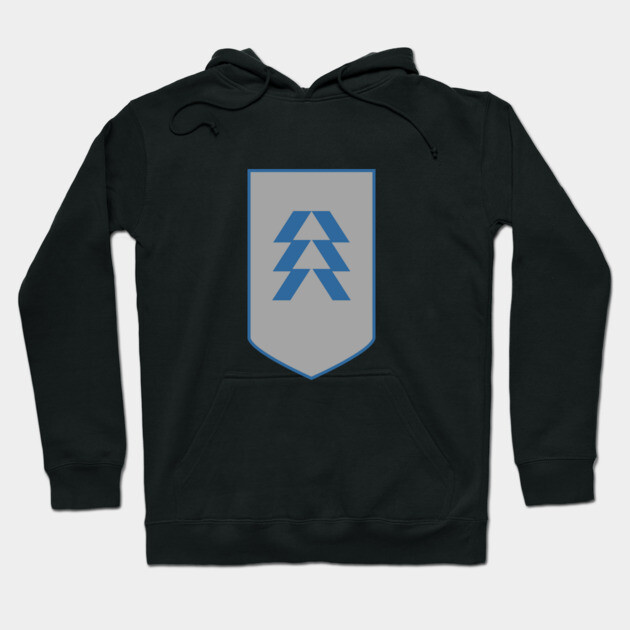 Black hoodie with gray and blue geometric design, featuring front pocket and adjustable drawstrings. Perfect for casual wear.