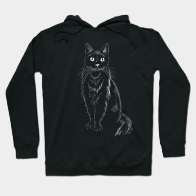 Black hoodie with white cat illustration, cozy casual wear, perfect for autumn, cotton blend material.