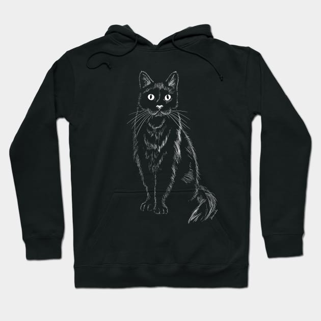 Black hoodie with white cat illustration, cozy casual wear, perfect for autumn, cotton blend material.