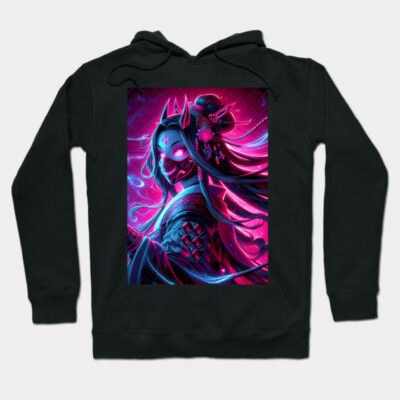 Black hoodie with neon anime warrior design, vibrant pink and blue colors, perfect for casual wear or anime fans.