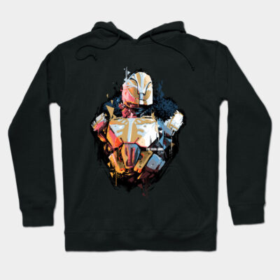 Black hoodie with a colorful futuristic armor graphic, cotton material, casual wear, unisex style for everyday use.