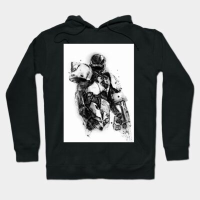 Black hoodie with futuristic robot design, long sleeves, soft cotton, perfect for casual wear and sci-fi enthusiasts.