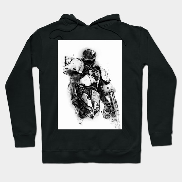 Black hoodie with futuristic robot design, long sleeves, soft cotton, perfect for casual wear and sci-fi enthusiasts.