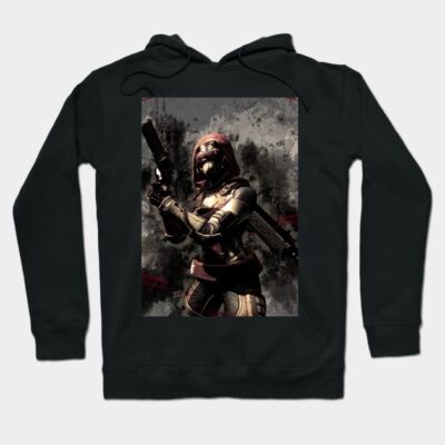 Black hoodie with futuristic warrior graphic, cotton material, casual style, unisex design for everyday wear.