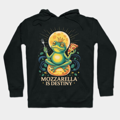 Black hoodie with a fun frog design, featuring a pizza and text "Mozzarella is Destiny." Casual wear, cotton blend.
