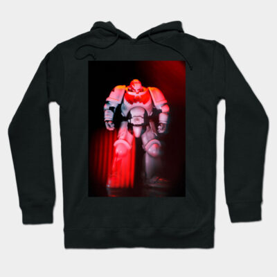 Black hoodie with robot design, red and white colors, casual style, cotton blend, perfect for everyday wear.