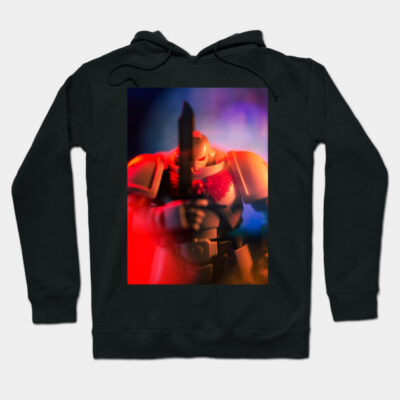 Black hoodie with vibrant sci-fi warrior print, ideal for casual wear. Soft cotton blend for comfort and style.