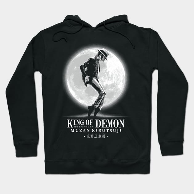 Black hoodie with moon graphic and "King of Demon Muzan Kibutsuji" text, ideal for casual wear, cotton blend material.