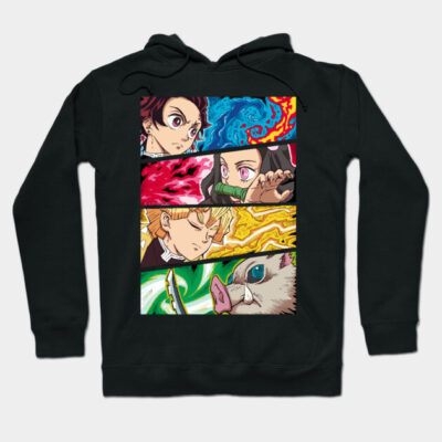 Black anime graphic hoodie featuring colorful character panels, cotton material, perfect for casual wear and fans.