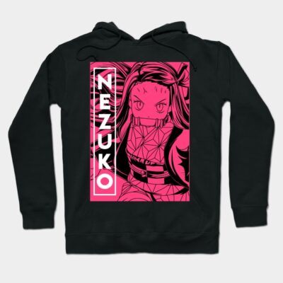 Black anime-themed hoodie with vibrant pink graphic design, ideal for casual wear and comfortable style.