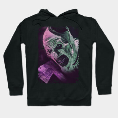 Black horror-themed hoodie with graphic design, cotton material, unisex style, perfect for casual wear or Halloween events.